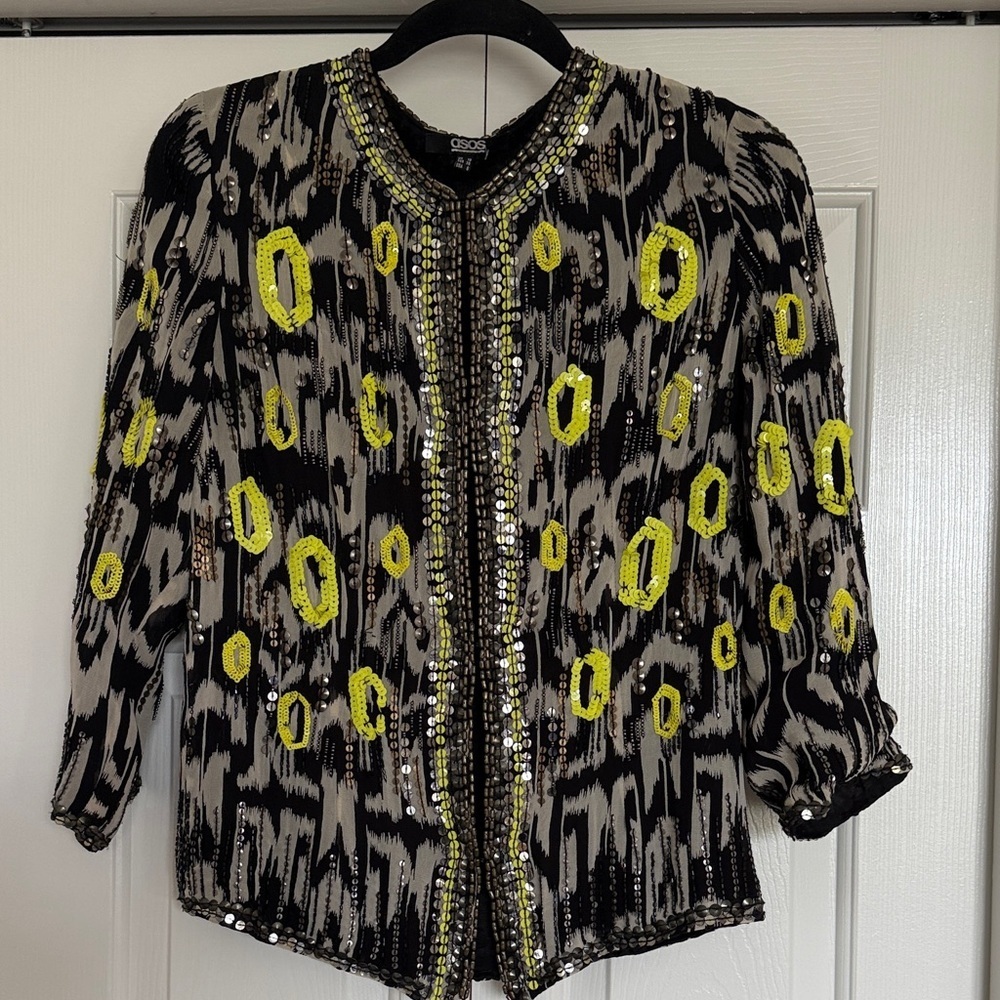 ASOS Beaded Sequin Jacket Neon Festival Boho Statement Layer Top Sz 6 - Picture 2 of 8
